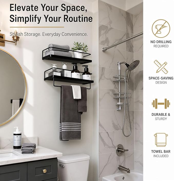 Floating Bathroom Shelves Set of 2 Wall Mounted Shelf with Black Metal Frame and Towel Rack for Bathroom Over Toilet Storage and Organizers for Bedroom Living Room Kitchen Office