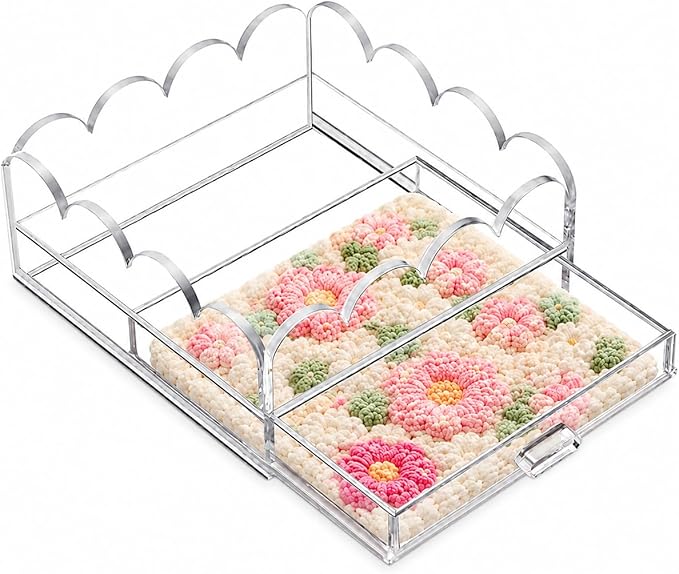 Scalloped Acrylic Tray, 5" x 5" Clear Acrylic Tray with Drawer for Needlepoint,Jewelry,Insert Photos, Art, Fabric, Napkin and Messages Display Basket, Decorative Tray Gift for Home Decor