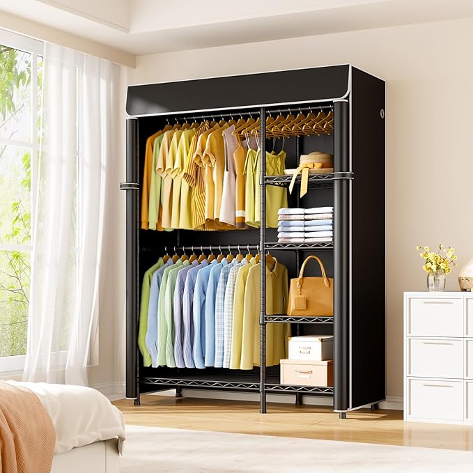 ULIFHOME F2C Clothes Rack with Cover, Clothing Racks for Hanging Clothes, Heavy Duty Garment Rack with Shelves and Hanger Rods, Black Closet with Black Cover, 47.2" W x 16.5" D x 78.3" H, Load 630lbs