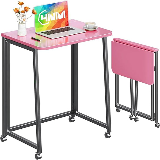4NM 23.6" Mobile Small Folding Desk, Foldable Rolling Computer Home Office Desk, Study Writing Table for Small Space Saving Bedroom, with Wheels - Pink and Black