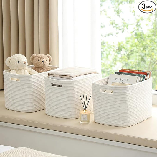 3 Pack Woven Rope Storage Baskets for Organizing,13.5"×11"×9.5" Storage Bins for Shelves,Perfect for Toys,Books,Towels,Clothes,Empty Gift Baskets for Nursery,Living Room&Bedroom(White)
