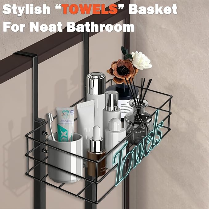 Over The Door Towel Racks, No Drill Towel Storage with Basket & Hooks, Space-Saving Multi-Functional Towel Holder for Bathrooms, bedrooms, Apartments, RVs (Matte Black, 6 Tier)