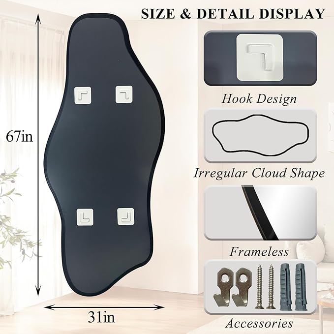 Irregular Mirror Full Length, 67"x31" Asymmetrical Tempered Glass Mirrors, Modern Large Organic Frameless Mirrors for Living Room Bedroom Hallway Entryway, Horizontal or Vertical Hanging