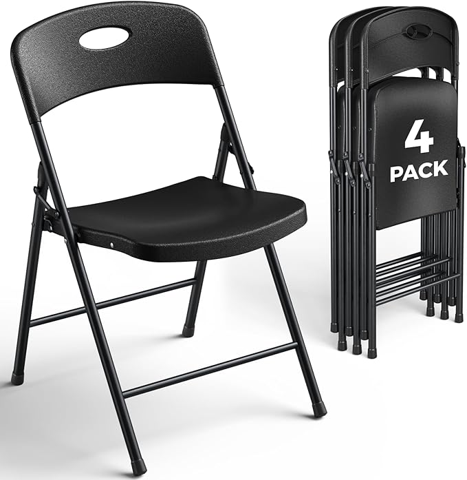 4 Pack Black Folding Chair, Plastic Portable Stackable Commercial Seats with Steel Frame 350lb, Heavy Duty Foldable Chair for Indoor and Outdoor, Patio, Office, Picnic, Kitchen, Events