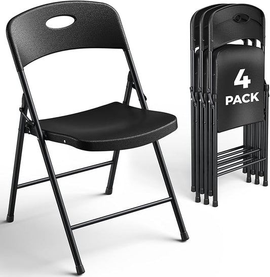 4 Pack Black Folding Chair, Plastic Portable Stackable Commercial Seats with Steel Frame 350lb, Heavy Duty Foldable Chair for Indoor and Outdoor, Patio, Office, Picnic, Kitchen, Events