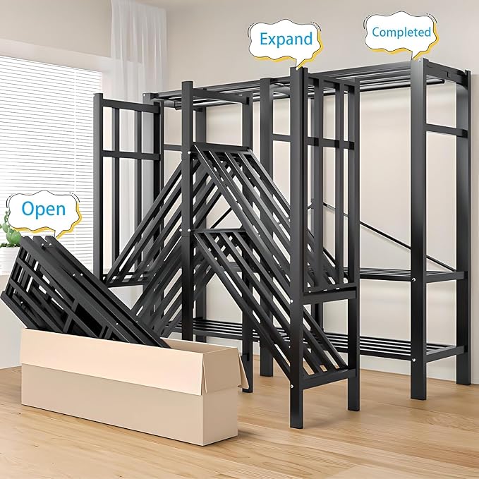 Heavy Duty Covered Clothes Rack with Magnetic Door Foldable Portable Wardrobe Closet for Hanging Clothing Rolling Black Metal Garment Rack on Wheels Closet System (Black, 70.89in)