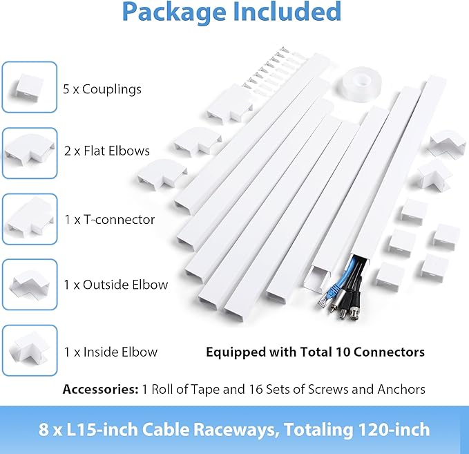 120in Cord Hider Wall, Cable Management Kit to Hide 3-5 Cords, Cord Organizer Wall, TV Cable Hider Wire Hider for Wall Hide Cords Wall Mounted TV, Cable Raceway White 8 x L15in, W1.2in H0.65in