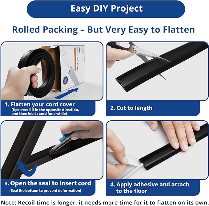 Floor Cord Cover 10ft, Cord Hider Floor Black, Floor Cable Management Prevent Cable Trips, Floor Cable Cover Wire Covers for Electric Power Cords, Cord Protector Cord Cavity W0.47in x H0.28in