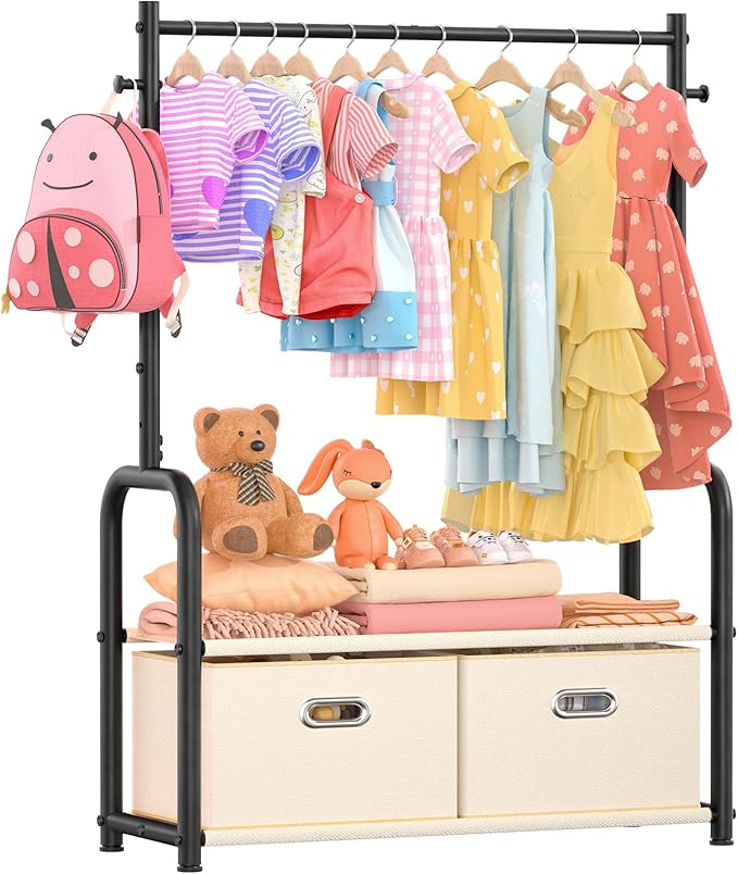 Kids Clothes Rack with 2 Tier Storage Racks and 2 Adjustable Hanging Poles, Small Baby Closet Organizer for Hanging Clothes, Kids Dress Up Rack (Upgrad, Black)