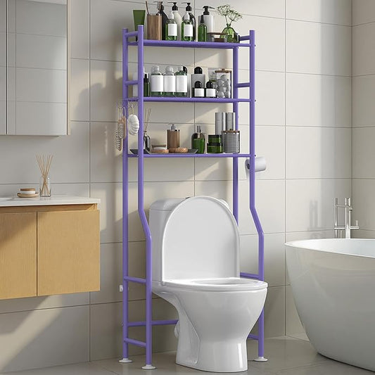 3-Tier Over The Toilet Storage Organizer, Space-Saving Bathroom Rack with Paper Holder & 4 Hooks, 64" Tall Freestanding Carbon Steel Shelf for Small Apartment Laundry Room (Purple)