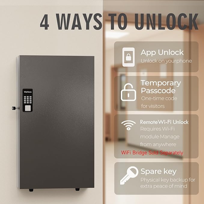 360-Key Smart Key Lock Box, Wall-Mount Key Cabinet with Key Management App(Track Key Borrow/Return), Keypad, Bluetooth & WiFi Unlock (Sold Separately) for Commercial, School, Rental, Office