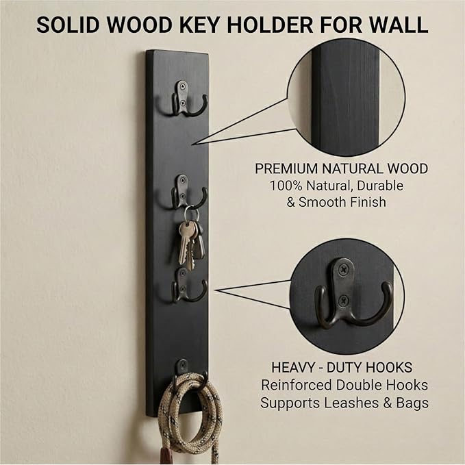 Vertical Key Holder for Wall & Dog Leash Holder – Solid Wood Wall Mount Key Rack with 8 Hooks – Small Space Saving Entryway Organizer for Keys, Lanyards, Masks (Adhesive or Screws) (Black)