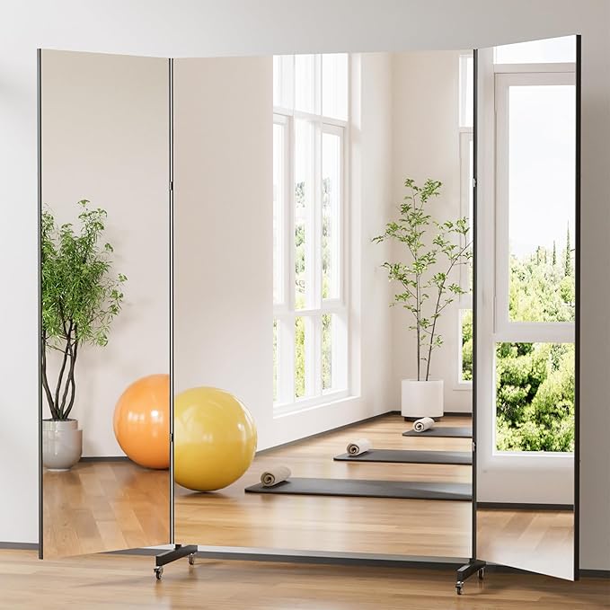 brisafe NanoMirror Non-Glass Ultra-Light Foldable Home Gym on Wheels, 95"x79" Extra Large Full Body Unbreakable Shatterproof Mirror, 360° Swivel for Yoga, Dance, Fitness Studio & Home Gym, Black