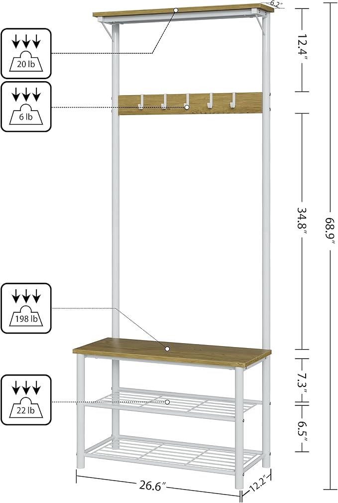 Hall Tree with Bench and Shoe Storage, 3-in-1 Coat Rack Shoe Bench, Freestanding Wooden Coat Rack with Metal Frame, 3-Tier Storage Shelf and 5 Removable Hooks, White