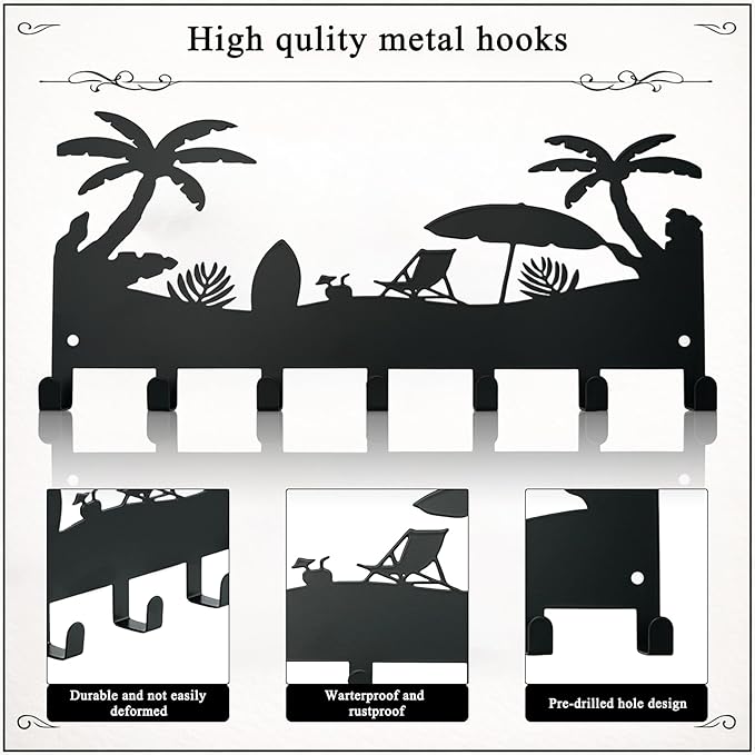 Metal Key Holder Wall Mount, Coastal Tropical Key Rack Hooks, Beach Palm Tree Sunset Wall Art Organizer for Entryway, Kitchen, Hallway, Garage, Farmhouse Home Decor & Housewarming Gift(Coconut Tree)