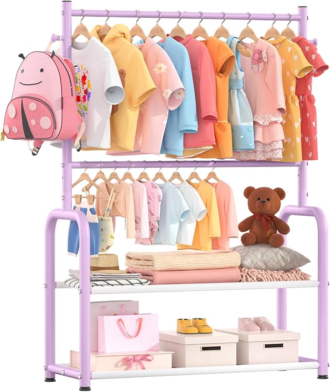 Kids Clothes Rack with 2 Tier Storage Racks and 2 Adjustable Hanging Poles, Small Baby Closet Organizer for Hanging Clothes, Kids Dress-Up Rack (Classic, Purple)