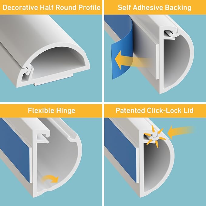 D-Line 15.7in TV Cord Hider, Patented Half Round Cable Cover, Hide Wall Mount TV Wires, Hinged One-Piece Cable Concealer, Adhesive, Decorative Raceway - 0.78in W x 0.39in H x 15.7in L - White
