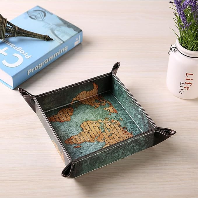 Valet Tray Desktop Storage Organizer, Vegan Leather Catchall Bedside Vanity Tray Nightstand Caddy Holder for Remote Controller, Watch, Keys, Phone, Wallet, Sunglasses, Jewelry - Map