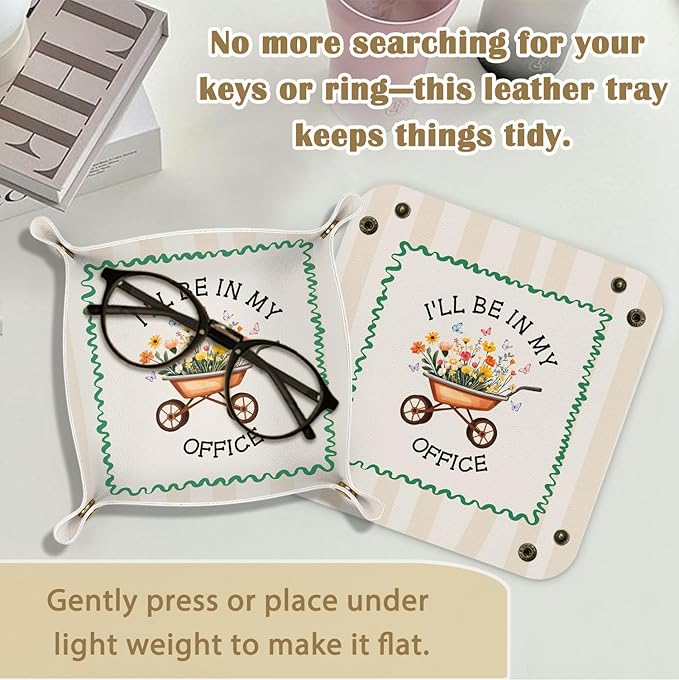 Gardening Gifts for Women Jewelry Valet Tray, PU Leather Catchall Beside Caddy Nightstand Organizer Tray for Jewelry Rings Watches Keys and Accessories, 7.87x7.87in