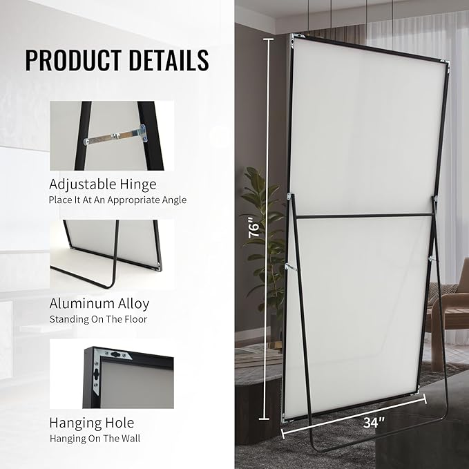 Beauty4U Full Length Mirror 76" x 34", Large Floor Mirror with Stand, Wall Mounted or Leaning, HD Tempered Glass Full Body Mirror for Bedroom, Living Room, Entryway, Black Frame