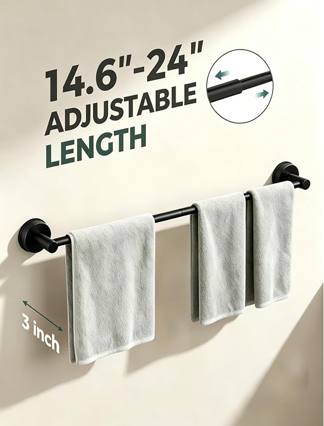 14.6 to 24 Inches No Drill Suction Cup Towel Bar for Shower Glass Door & Tile Wall, Stainless Steel Wall Mounted Towel Rack，Removable Bathroom Organizers & Storage for Renters Apartment (Matte Black)