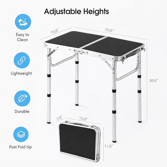 YUFIFAIRY Small Folding Table Portable, 24''L x16''W Foldable Camp Table with 3 Adjustable Height, Indoor Outdoor Lightweight Aluminum for Outdoor Cooking Picnic Black Table(10"/19"/27.5"