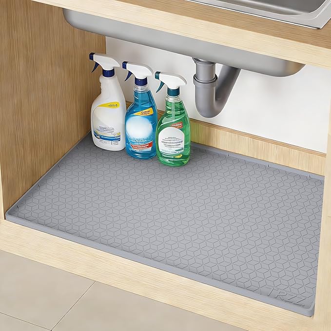 TRZZ Silicone Waterproof Under Sink Mat 28" x 22", Drip Tray and Cabinet Liner for Kitchen and Bathroom, Prevents Water Damage and Organizes Cabinets (Grey)