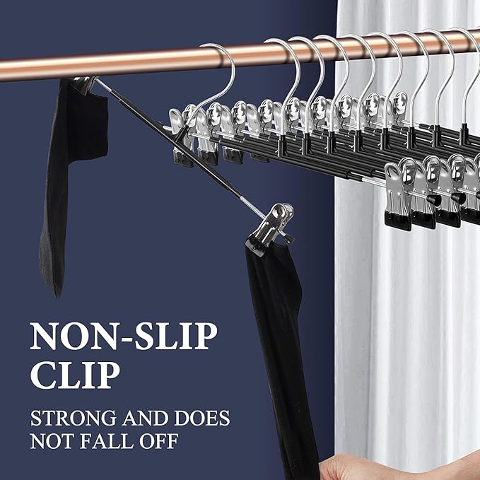 Pants Hangers with Clips 60 Pack Adjustable Skirt Hangers for Women Non-Slip Trousers Hanger for Jeans Clothes Hangers for Pants Heavy Duty Space Saving Shorts Hangers,Black,12Inch