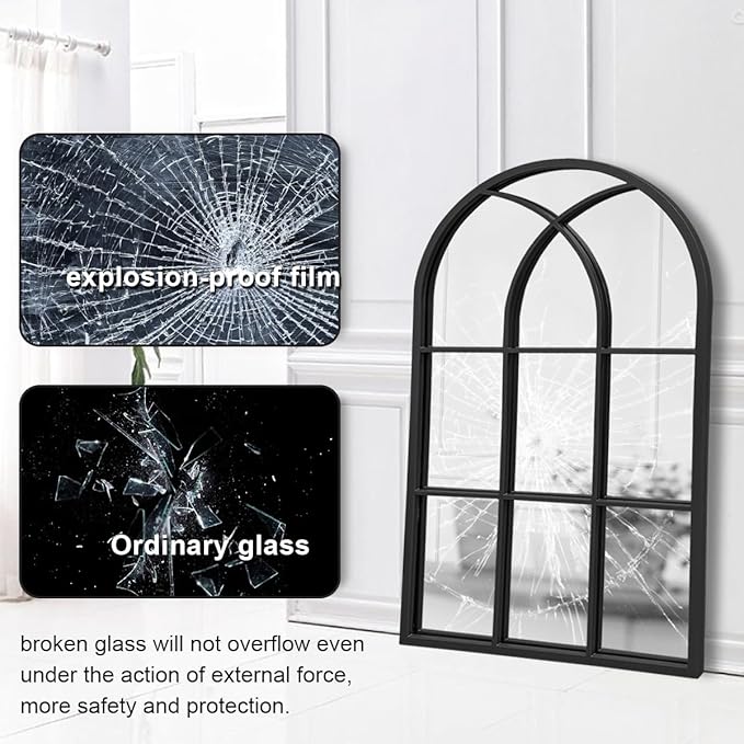 Dewfig Arched Window Wall Mirror, 30"x20" Window Pane Mirrors, Vanity Mirrors for Bathroom, Bedroom, Entryway, Living Room, Farmhouse Mirrors for Wall Decor, Metal Frame, Black