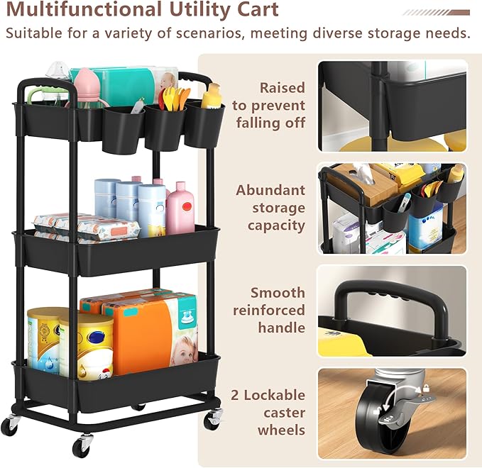 3-Tier Baby Diaper Caddy Organizer Cart with Locking Wheels & Hanging Cups - Rolling Storage Cart for Nursery, Changing Table, Baby Essentials, Black