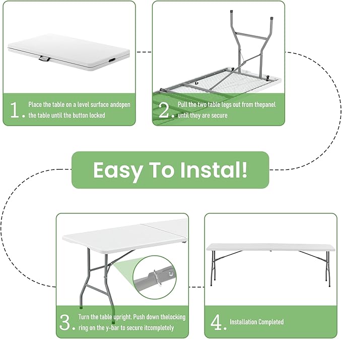 Folding Table 8FT Portable Heavy Duty Plastic Table with Carrying Handle Fold-in-Half Utility Foldable Tables for Parties Wedding Events Dining Indoor Outdoor Picnic (White)