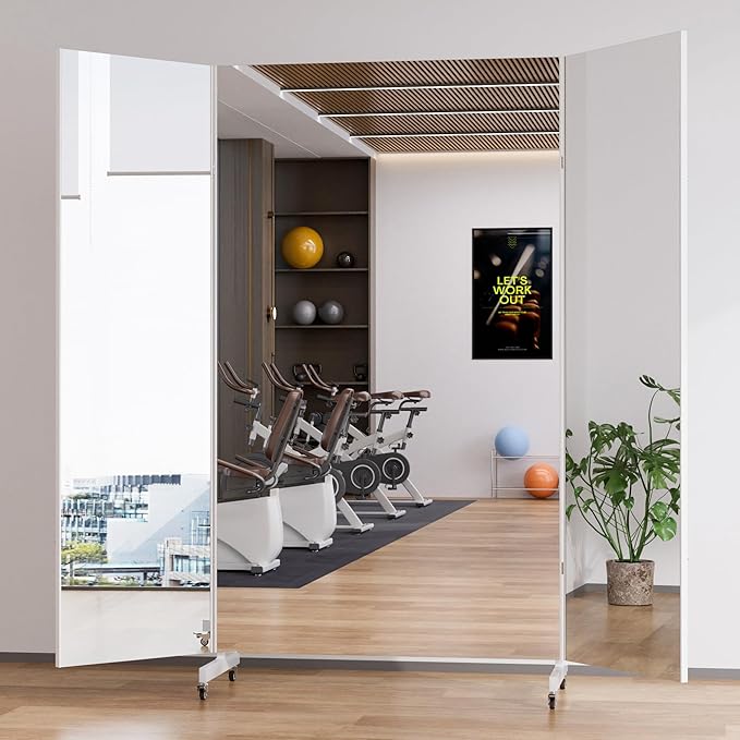 brisafe NanoMirror Non-Glass Ultra-Light Foldable Home Gym on Wheels, 79"x79" Extra Large Full Body Unbreakable Shatterproof Mirror, 360° Swivel for Yoga, Dance, Fitness Studio & Home Gym, White