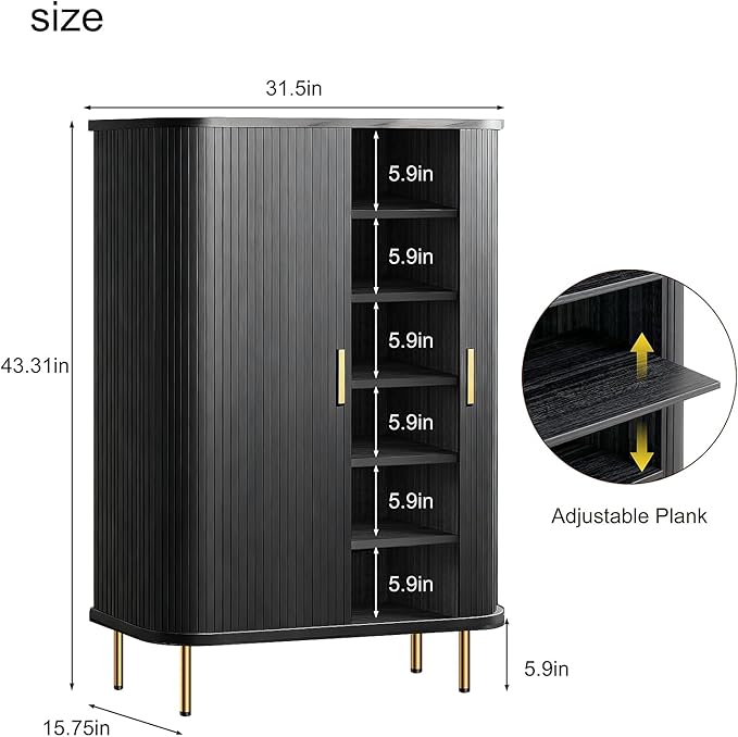 DHH Shoe Storage Cabinet with Sliding Door, 6-Tier Shoe Cabinet with Adjustable Shelves, Mid-Century Modern Freestanding Shoe Storage Organizer for Entryway, Hallway, Living Room (Black, 31.5 ")