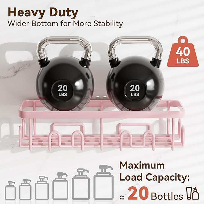 YASONIC Shower Caddy Adhesive 2-Pack, Rustproof Shower Organizer with Holder, No-Drill Shower Shelves for Inside the Shower, Large-Capacity Bathroom Organizers and Storage for Dorms & Renters, Pink