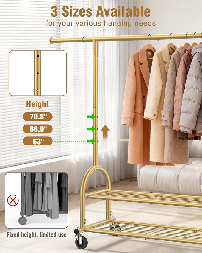 EAGMAK Heavy Duty Clothes Rack for Hanging Clothes Load 556 LBS, Height Adjustable Rolling Clothing Racks, Portable Metal Coat Rack Garment Wardrobe with Wheels and Shelves for Bedroom Laundry, Gold