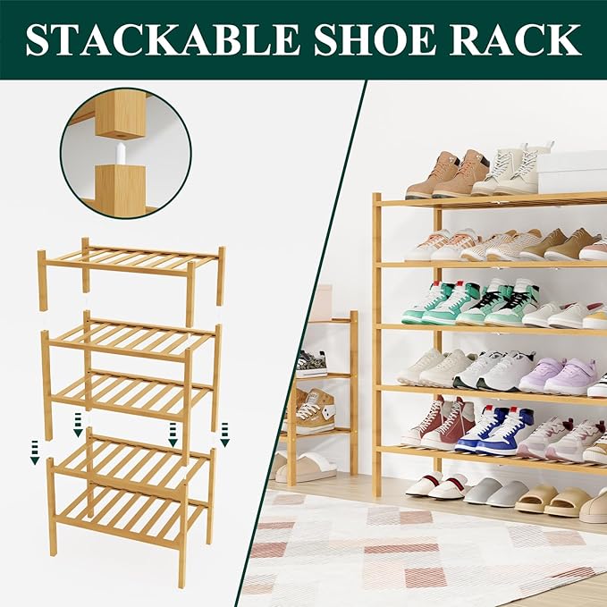 Smiry Long Bamboo Shoe Rack, 6 Tier Free Standing Wooden Shoe Organizer, Stackable Wood Shoe Storage Shelf for Closet, Entryway, 12 Vertical Slats, 2+2+2 Stack Standard Legs, 33.7"x11"x39", Natural