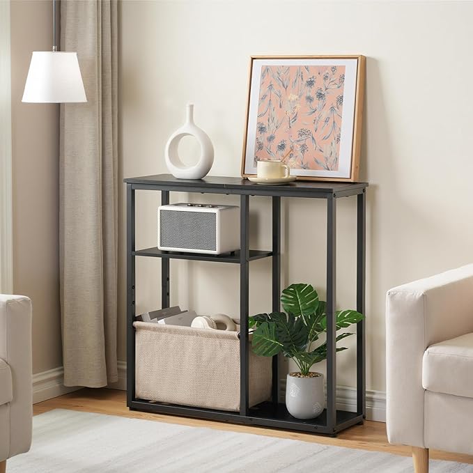 HOOBRO Narrow Console Table with Storage Basket, 29.5" Small Entryway Table with 3-Tier Storage Shelves, Behind Couch Sofa Table, Hallway Table for Living Room, Black and Beige BB60XG01