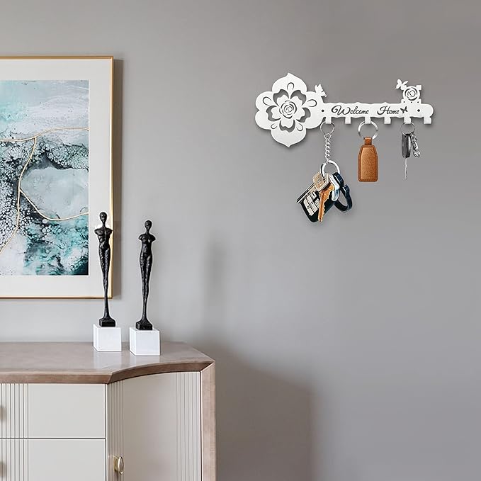 Deveosa Key Hooks Holder for Wall Decorative - Small White Entryway Welcome Home Sign Key Hanging Hangers Wall Mounted Racks