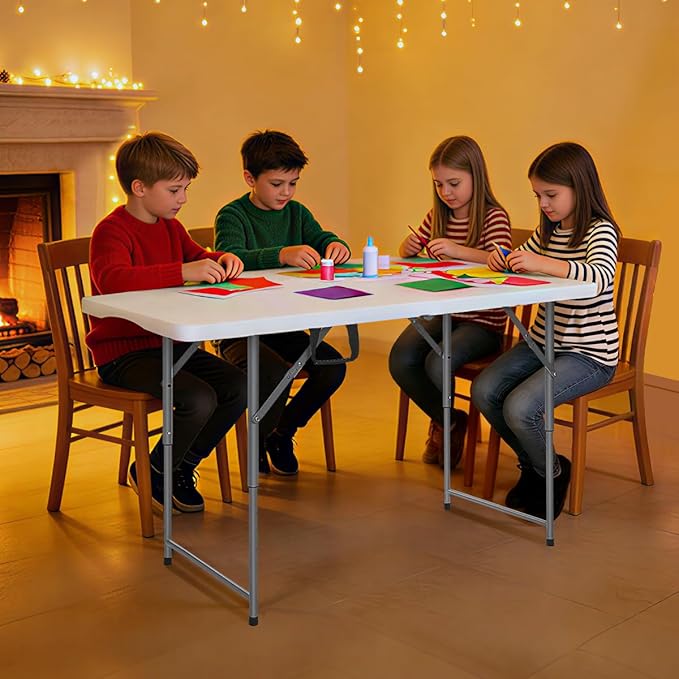 FoldingTable 4 Foot Portable Heavy Duty Plastic Table and Adjustable Height Folding with Carrying Handle,Indoor Outdoor with Kids Table, Picnic,Party,Camping White