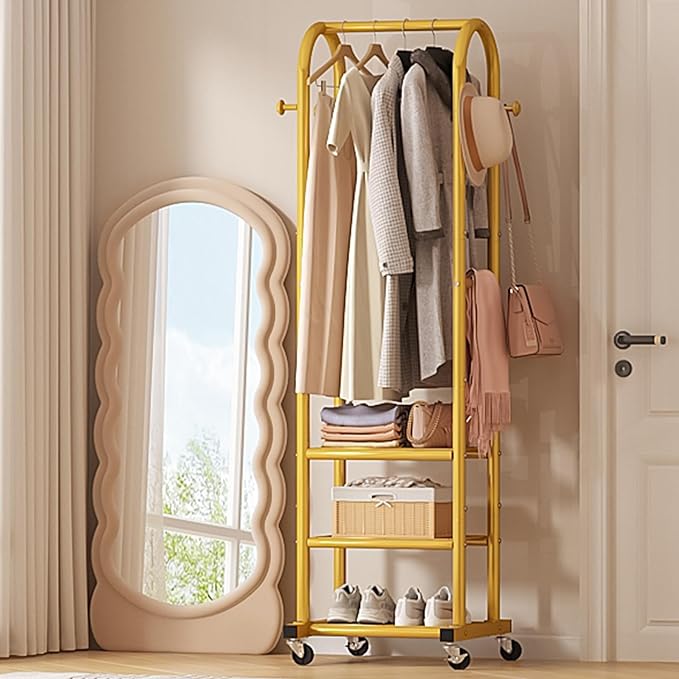 Dttwacoyh Hall Tree with Hanging Hooks,Gold Metal Decorative Freestanding Garment Rack on Wheels,3-in-1 Narrow Entryway Storage for Small Space,Suitable for Hallway,Bedroom and Bathroom,Gold