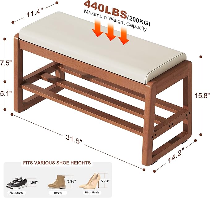 PETKABOO Shoe Bench Storage Rubberwood with Leather Cushion 31.5", Waterproof Easy to Clean 550LBS Organizer Shoe Rack for Entryway, Hallway, Mudroom, Front Door