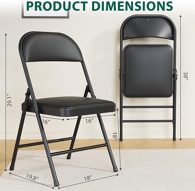 4 Pack Padded Folding Chairs, Portable Metal Foldable Chairs with Cushion, PU Leather Sturdy Indoor Outdoor Seating for Home, Office, Party, Black
