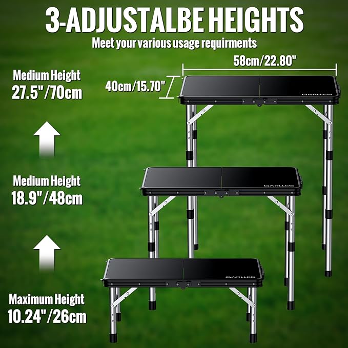 GARLLEN Camping Table with Waterproof High-Density Plastic Tabletop, 3 Adjustable Height Portable Folding Picnic Table, Aluminum Frame Outdoor Table for BBQ, Camping, Indoor Use, 22.8" L x 15.7" W