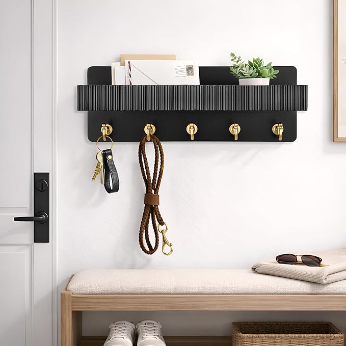 Key Holder Wall Mount, 14" Wooden Entryway Key and Mail Organizer with 5 Metal Hooks, Decorative Key Hanger Rack for Bag, Coat, and Dog Leash, Black