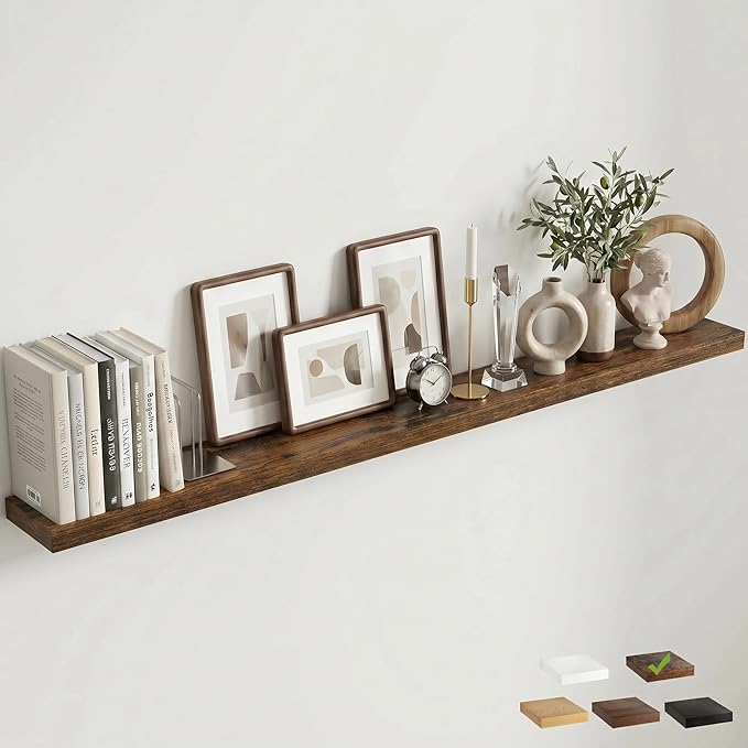Venusmiles Floating Shelves for Wall, 72 Inch Floating Shelves Set of 1, 6.5" D Wooden Wall Mounted Display Shelves with Invisible Brackets for Living Room, Bedroom, Bathroom, Kitchen Decor, Brown