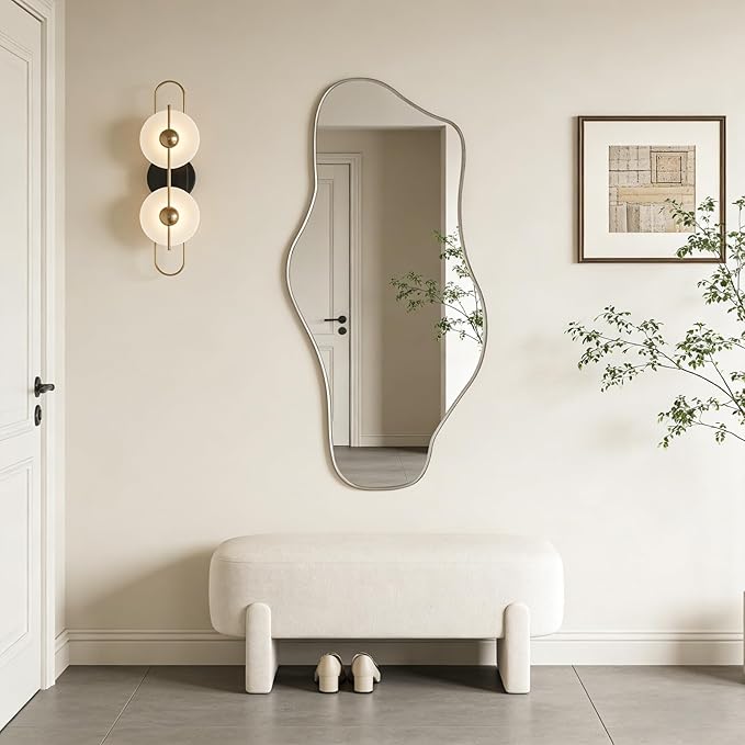 Irregular Wall Mirror, 47.2"x24" Silver Asymmetrical Tempered Glass Mirror, Modern Organic Shaped Frameless Mirrors for Living Room Bedroom Hallway Entryway, Horizontal or Vertical Hanging