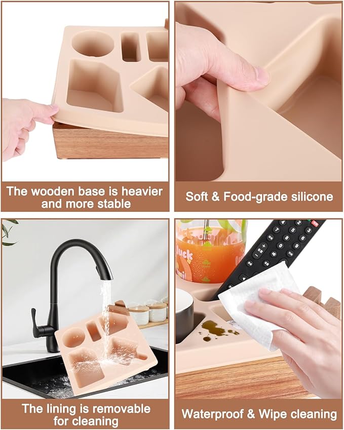 Couch Cup Holder Tray, Silicone Wooden Couch Caddy with Cup Holder for Snacks, Drinks, Remotes, Waterproof Cup Holder for Couch, Organizer, Couch Drink Holder
