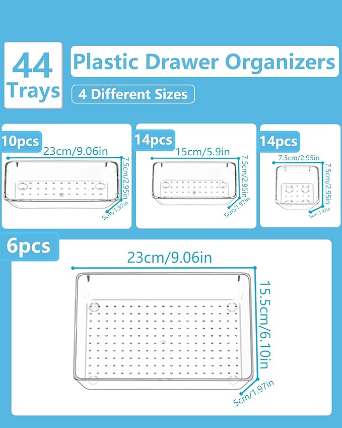 44 Pcs Makeup Drawer Organizer Set, 4 Sizes Versatile Vanity Drawer Organizer for Makeup, Non-Slip Desk Organizer Trays for Bathroom, Bedroom, Office, Fits Jewelry and Office Supplies