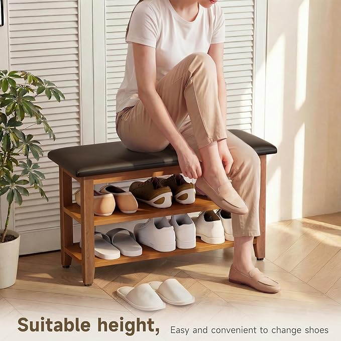 Shoe Bench with Leather Cushion,Wood Bench with Shoe Rack,2-Tier Shoe Storage Organizer for Entryway,Hallway,Living Room (2-Tier-31.5", Rubberwood)