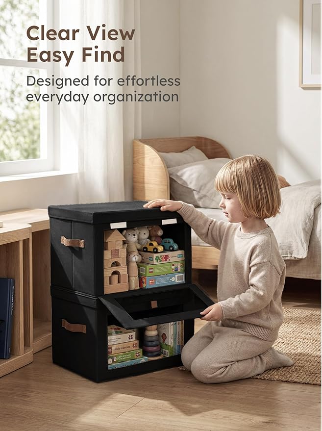 Homsorout Medium Fabric Storage bins - Closet Shelf Organizer with Open Window, 6 Pack Closet Baskets for Shelves, Stackable Decorative Boxes for Home, Dorm, Black, 13.7" x 9.8” x 9.8"